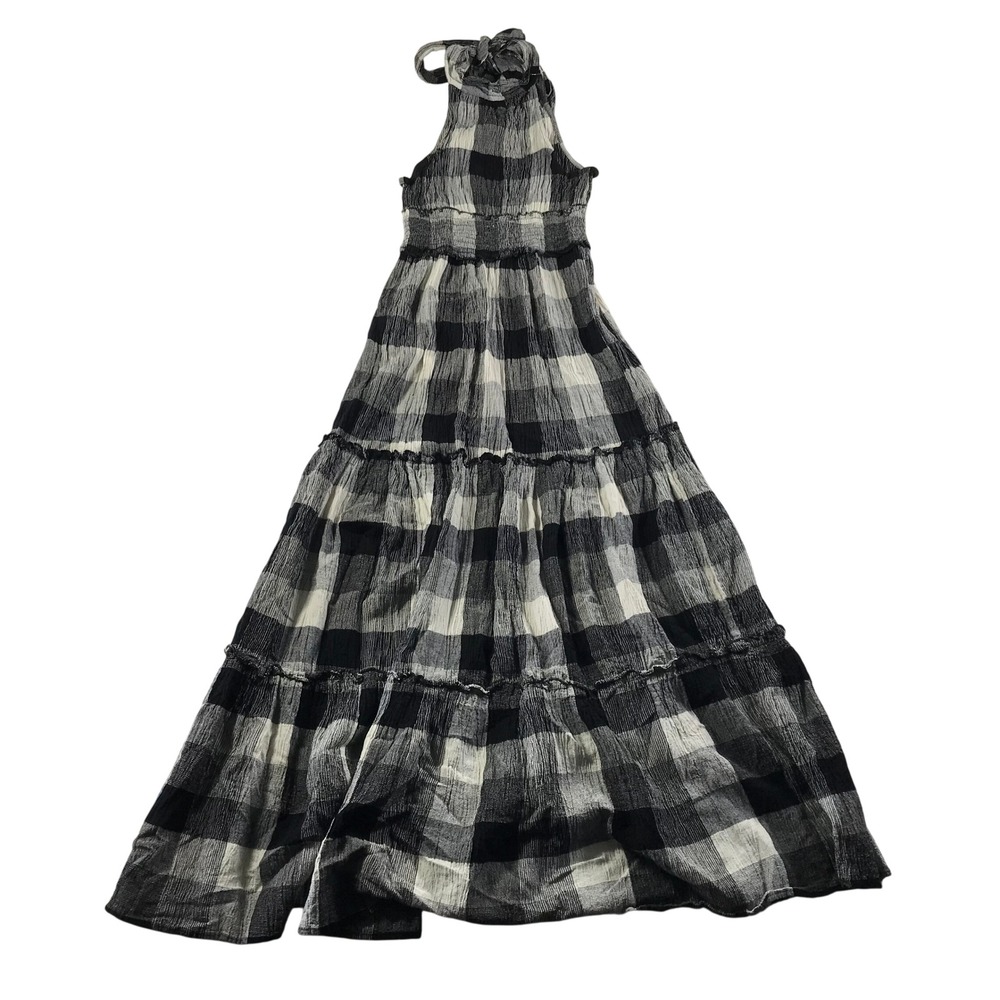 Angie Black White Buffalo Plaid Halter Maxi Dress Smocked Tiered Boho Medium